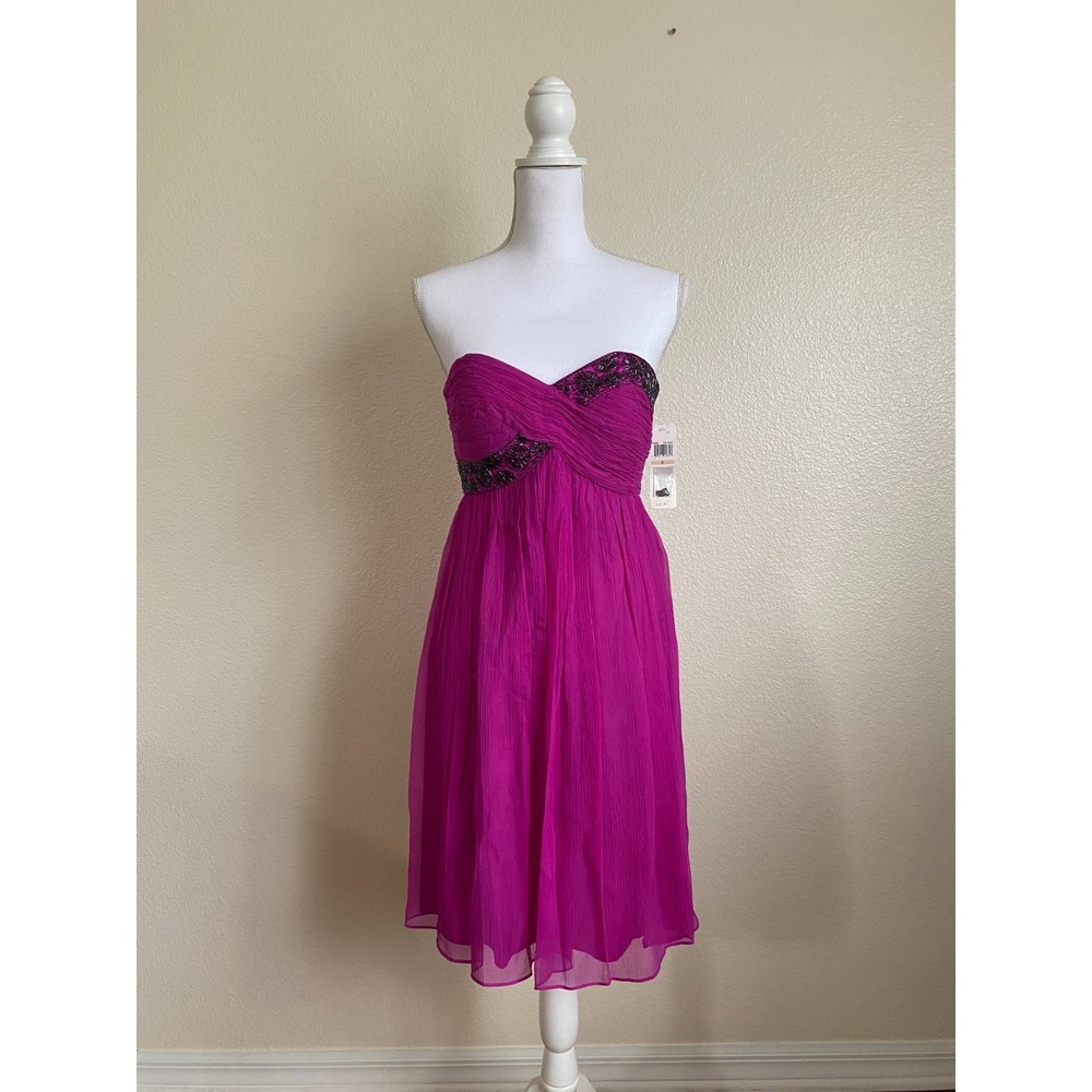 Maggy London 100% Silk dress NEW TAG fuchsia beaded pink crepe rushed fit flare
